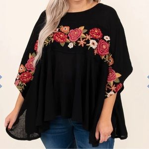 Savanna Jane Embroidered Top. Black with Floral Design.Flowing. 1X/2X
